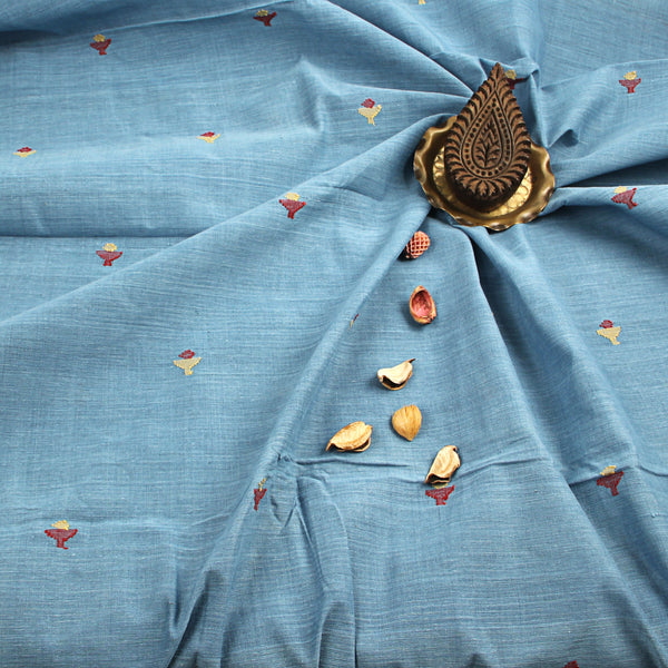 Pale Blue Butti Handspun Handwoven Jamdani Cotton Fabric