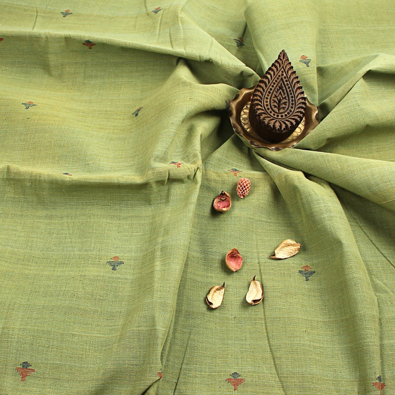 Pista Green Bud Butti Handspun Handwoven Jamdani Cotton Fabric