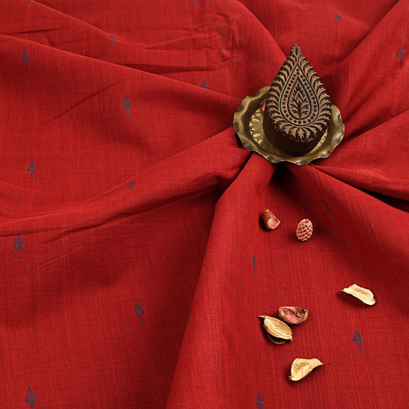 Red Leaf Butti Handspun Handwoven Jamdani Cotton Fabric
