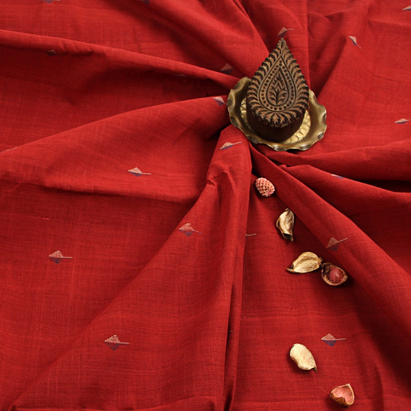 Red Butti Handspun Handwoven Jamdani Cotton Fabric