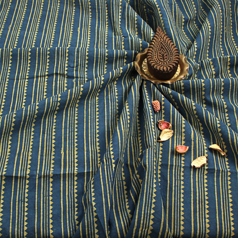 Blue Geometric Ajrakh Hand Block Print Cotton Fabric