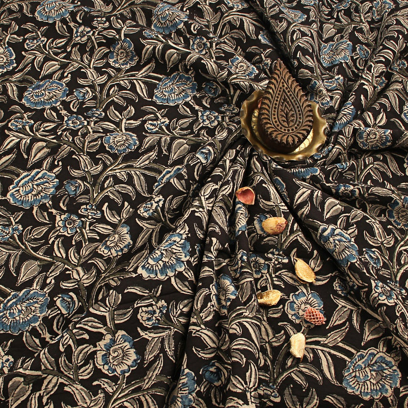 Indigo Floral Jaal Kalamkari Handblock Print Cotton Fabric