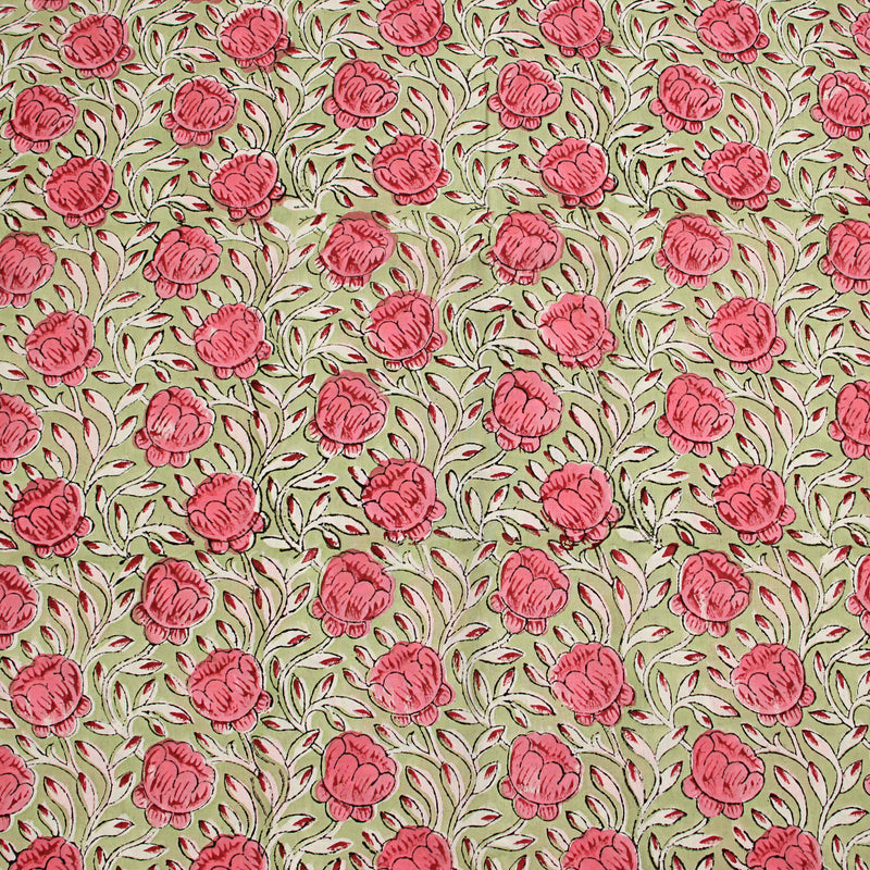 Pink Rose Floral Sanganeri Handblock Print Cotton Fabric