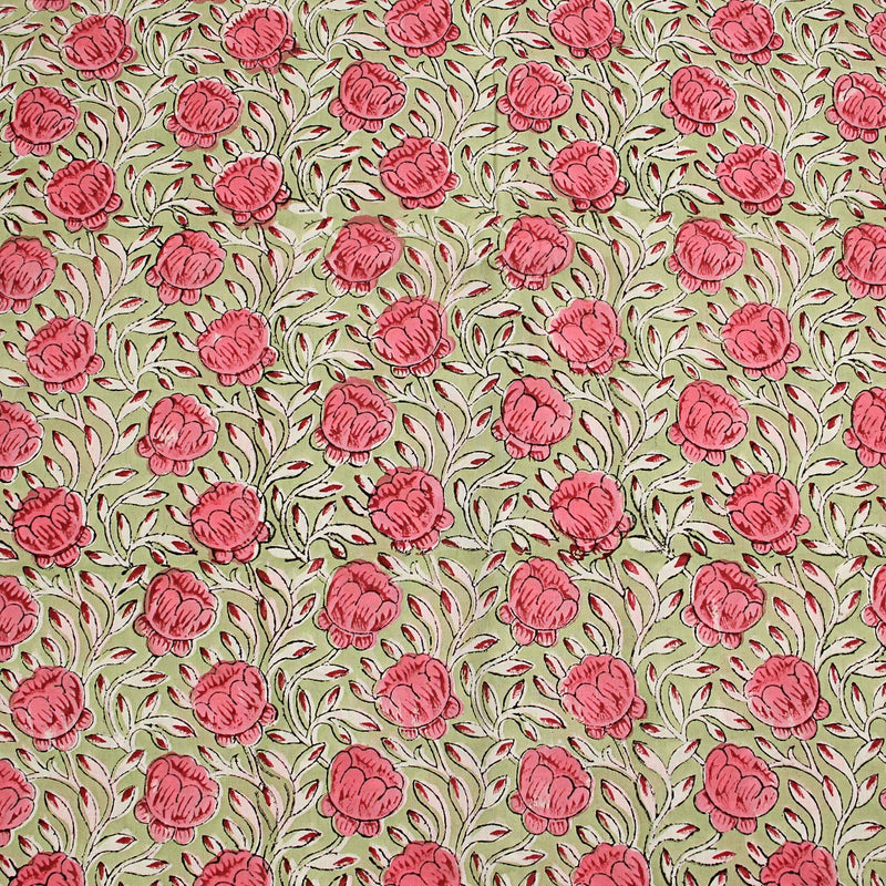 Pink Rose Floral Sanganeri Handblock Print Cotton Fabric