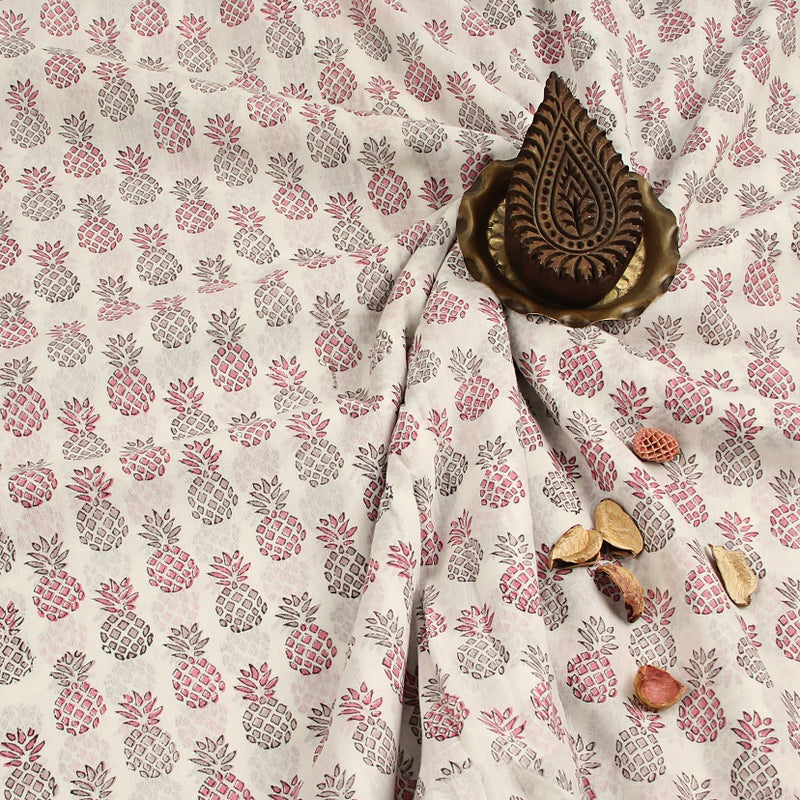 Pink Pineapple Sanganeri Handblock Print Cotton Fabric