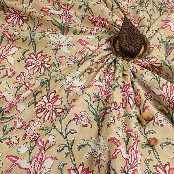 Yellow Hibiscus Floral Sanganeri Handblock Print Cotton Fabric