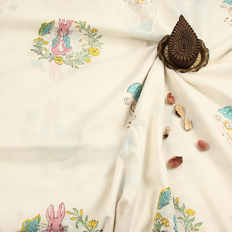 White Baby Elephant & Rabbit Sanganeri Handblock Print Cotton Fabric