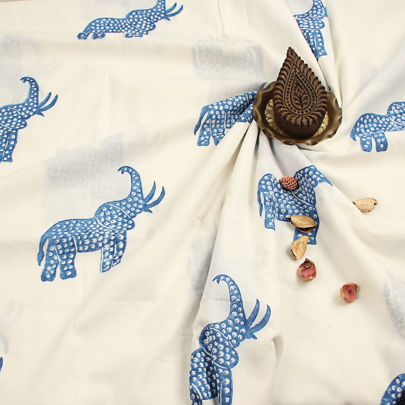 Indigo Elephant Sanganeri Handblock Print Cotton Fabric
