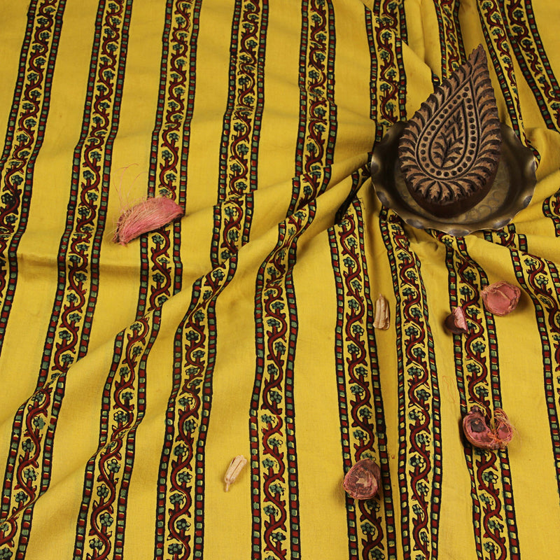 Yellow Floral Ajrakh Hand Block Print Cotton Fabric