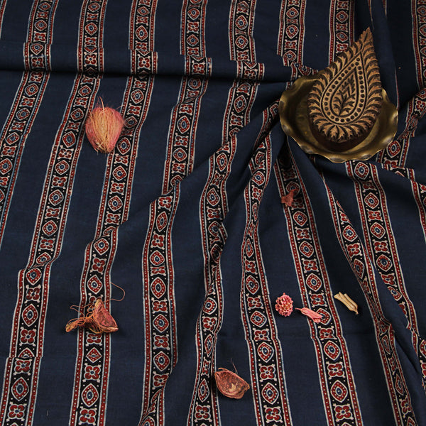 Blue Floral Ajrakh Hand Block Print Cotton Fabric