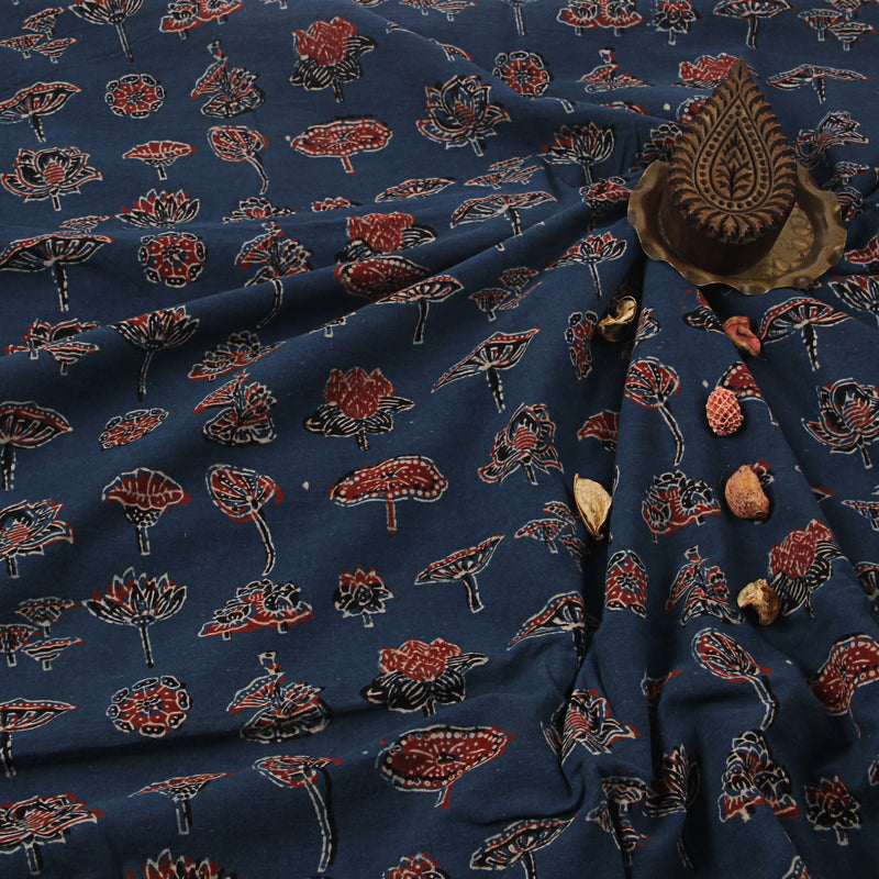 Blue Floral Ajrakh Hand Block Print Cotton Fabric
