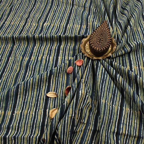 Blue Stripes Ajrakh Hand Block Print Cotton Fabric
