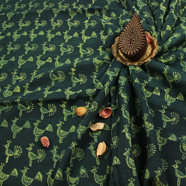 Green Birds Dabu Fakira Hand Block Printed Mul Cotton Fabric