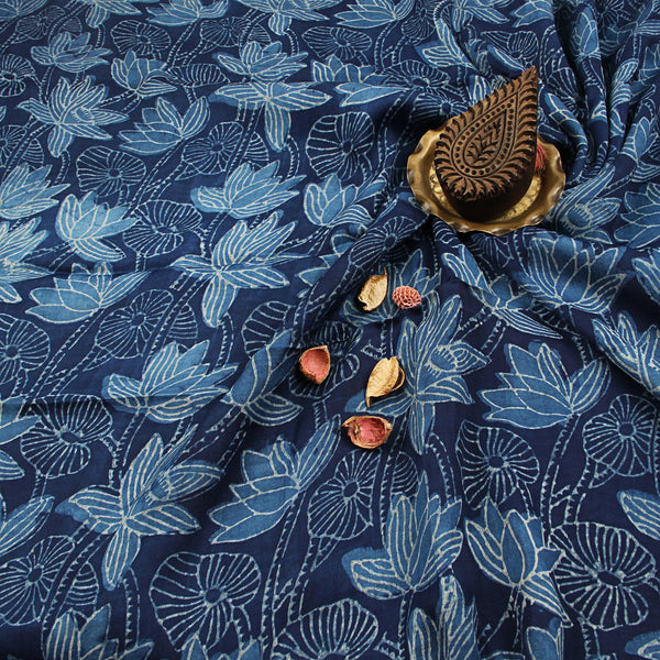 Indigo Lotus Jaal Dabu Fakira Hand Block Printed Modal Silk Fabric