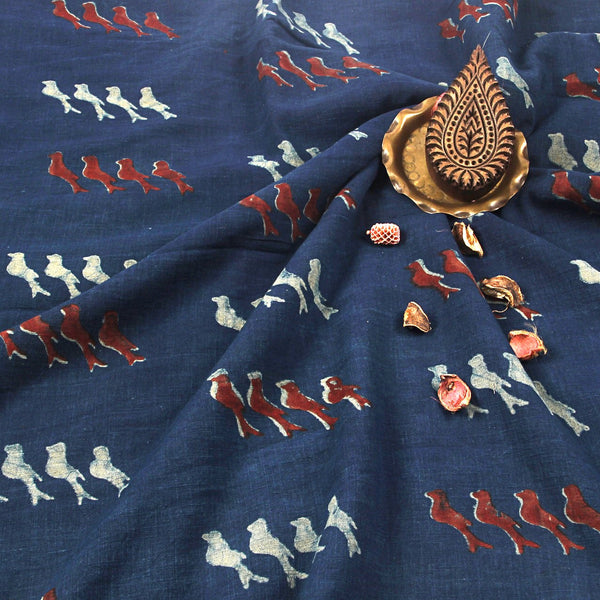 Indigo Birds Dabu Hand Block Printed Slub Cotton Fabric