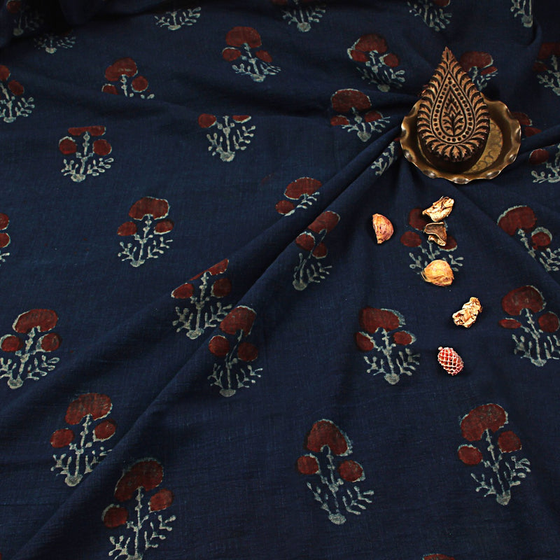 Indigo Dahlia Dabu Hand Block Printed Slub Cotton Fabric
