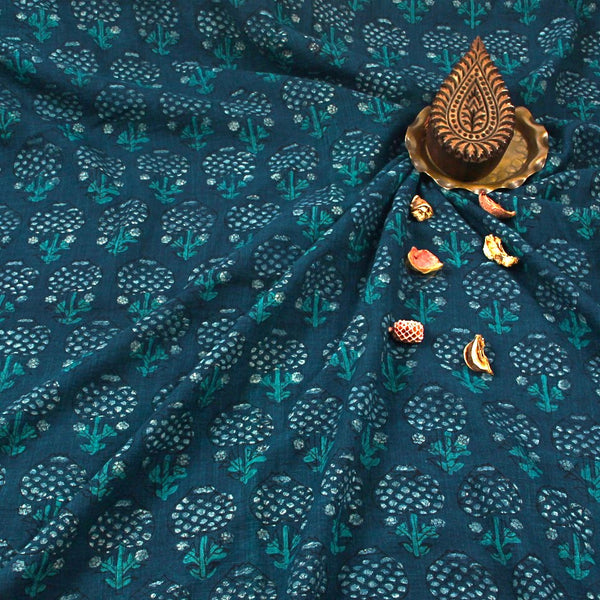 Green Butta Dabu Hand Block Print Slub Cotton Fabric
