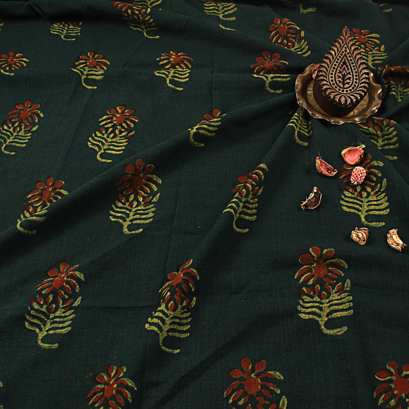 Green Aster Dabu Hand Block Printed Slub Cotton Fabric