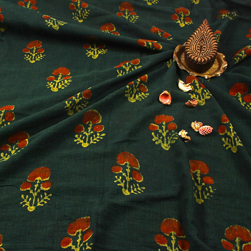 Green Madder Dahlia Dabu Hand Block Printed Slub Cotton Fabric