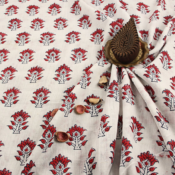 Red Floral Butti Handspun Handwoven Cotton Fabric