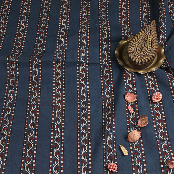 Blue Floral Ajrakh Hand Block Print Cotton Fabric