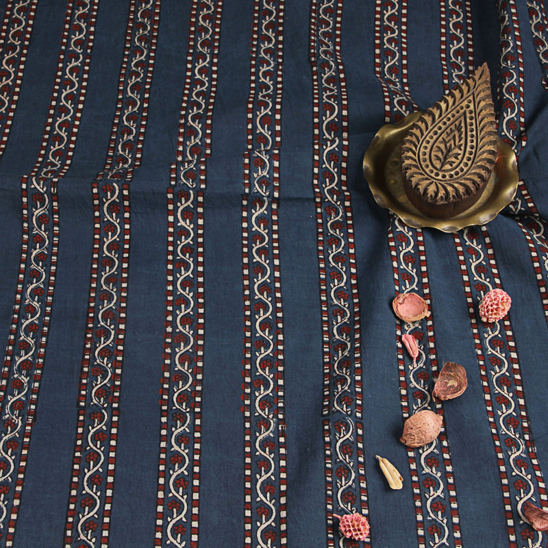 Blue Floral Ajrakh Hand Block Print Cotton Fabric