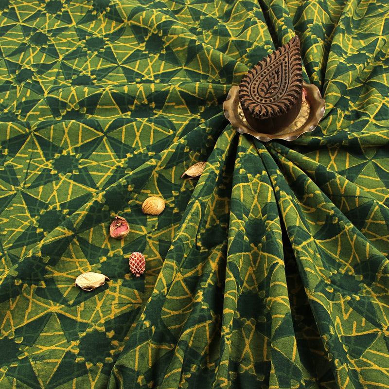 Green Star Dabu Hand Block Printed Cotton Fabric