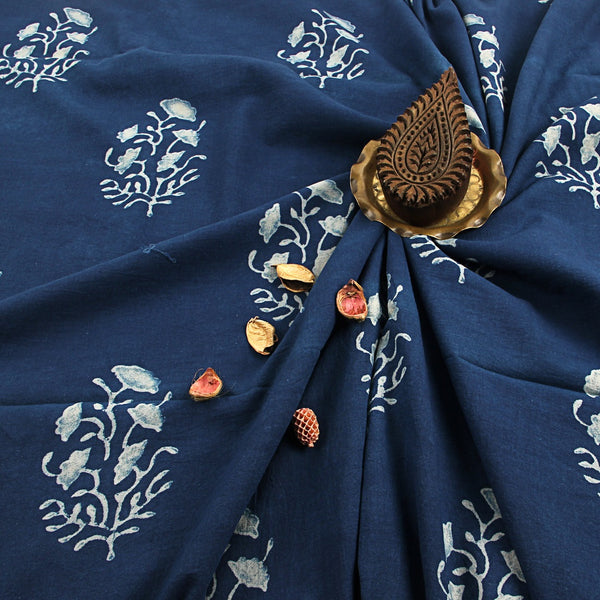 Indigo Dahlia Floral Bunch Dabu Hand Block Printed Cotton Fabric