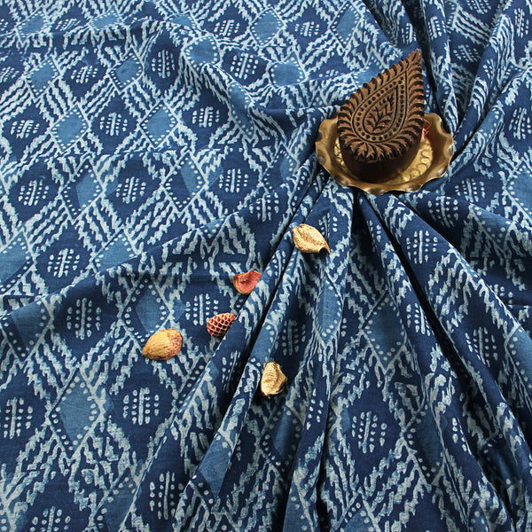 Indigo Rhombus Jaal Dabu Hand Block Printed Cotton Fabric