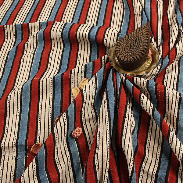 Red & Blue Border Ajrakh Hand Block Printed Cotton Fabric