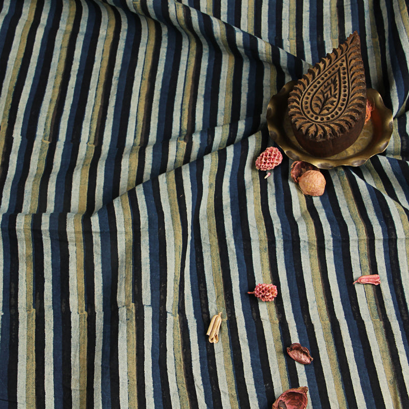 Multi Stripes Ajrakh Hand Block Print Cotton Fabric