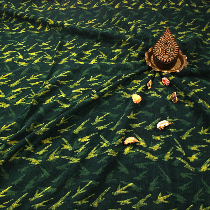 Green Flies Dabu Hand Block Printed Slub Cotton Fabric