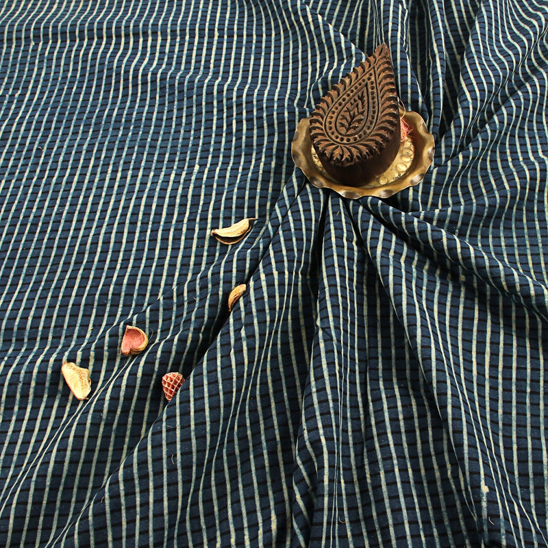 Blue Checks Ajrakh Hand Block Print Cotton Fabric