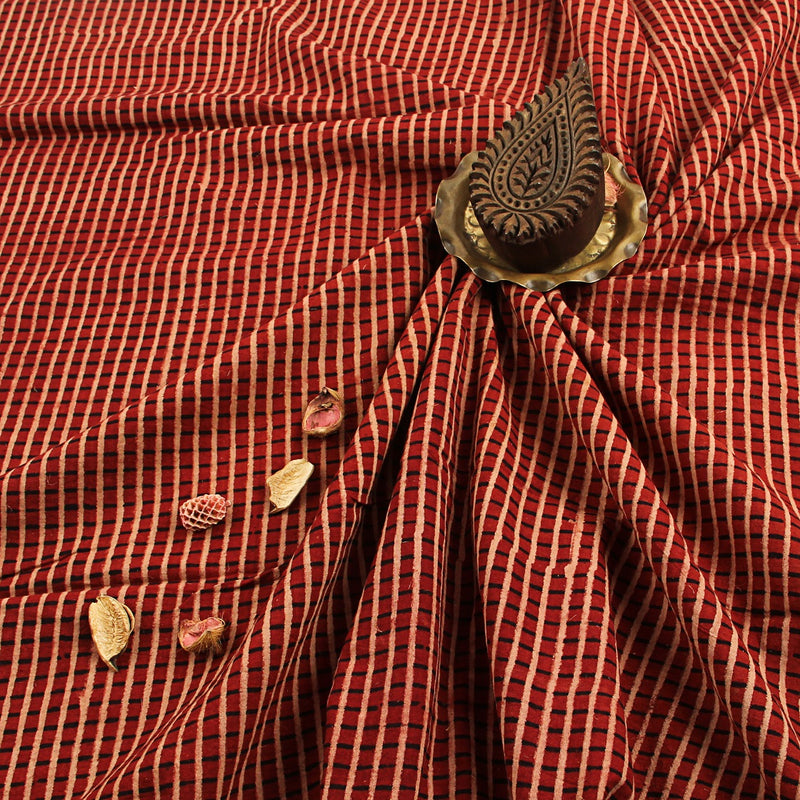 Red Checks Ajrakh Hand Block Print Cotton Fabric