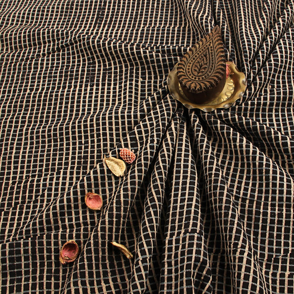 Black Checks Ajrakh Hand Block Print Cotton Fabric