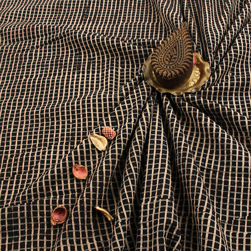 Black Checks Ajrakh Hand Block Print Cotton Fabric
