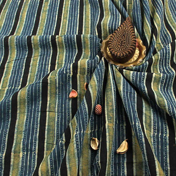 Blue Stripes Ajrakh Hand Block Print Cotton Fabric