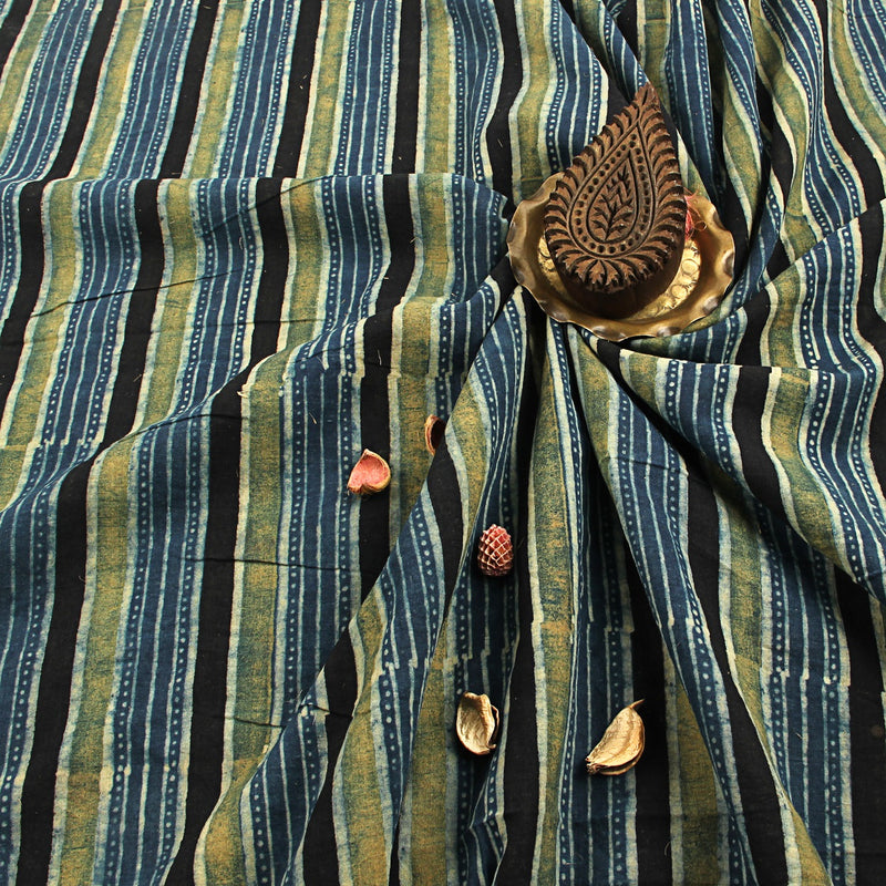 Blue Stripes Ajrakh Hand Block Print Cotton Fabric