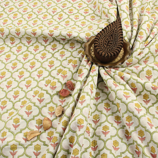 Yellow Daisy Sanganeri Hand Block Printed Organic Cotton Fabric