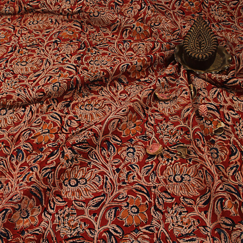 Red Jaal Kalamkari Hand Block Print Cotton Fabric