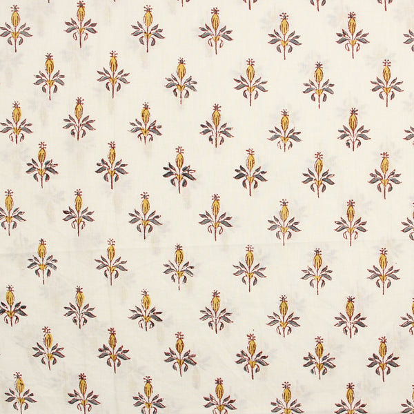 Yellow Floral Bud Sanganeri Handblock Print Cotton Fabric