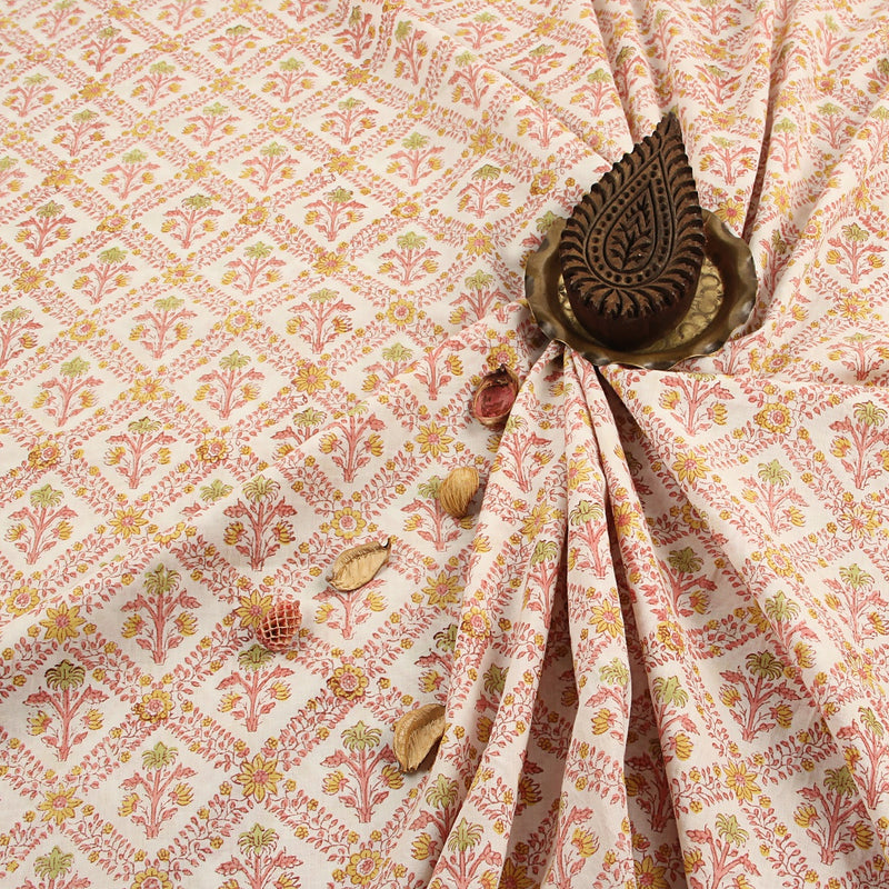 Pink Floral Sanganeri Hand Block Printed Organic Cotton Fabric