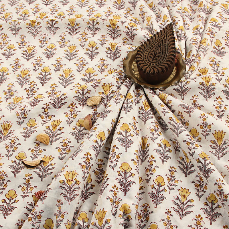 Yellow Floral Sanganeri Handblock Print Cotton Fabric