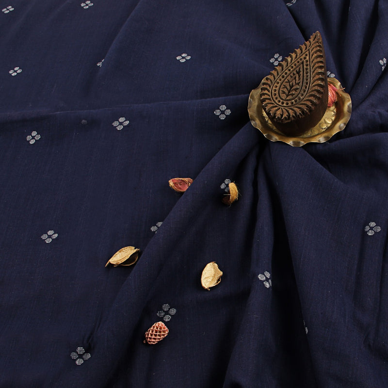 Indigo Four Dotted Handspun Handwoven Cotton Fabric
