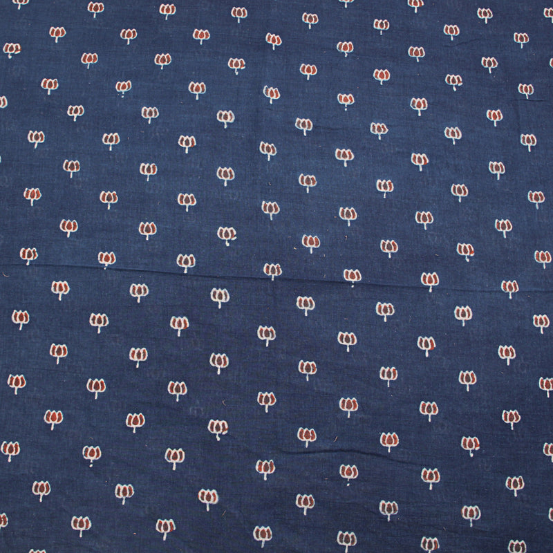Blue Floral Ajrakh Hand Block Print Mul Cotton Fabric