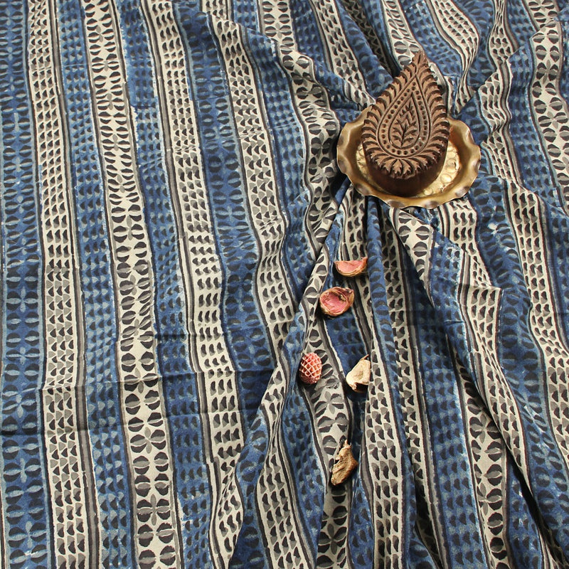 Blue Geometric Ajrakh Hand Block Print Cotton Fabric