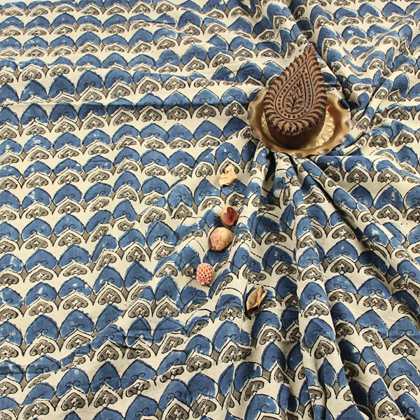Indigo Grey Dome Pattern Ajrakh Hand Block Printed Cotton Fabric