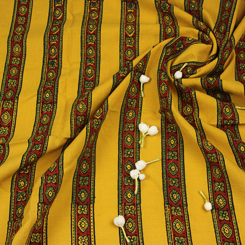 Yellow Floral Ajrakh Hand Block Print Cotton Fabric