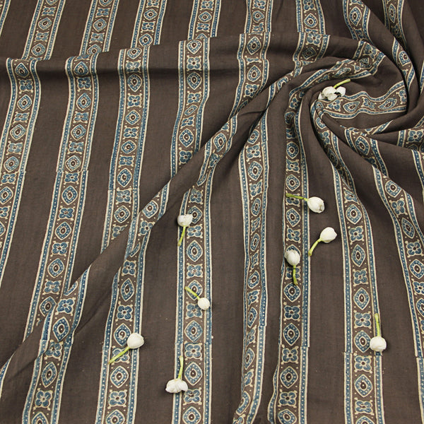 Grey Geometric Ajrakh Hand Block Print Cotton Fabric