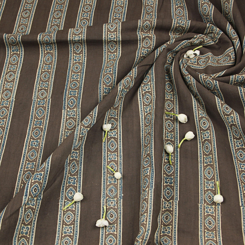 Grey Geometric Ajrakh Hand Block Print Cotton Fabric